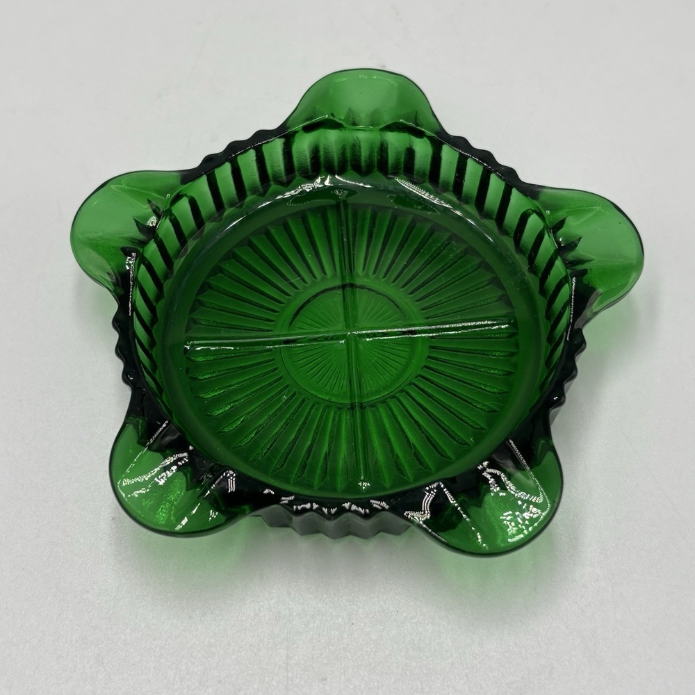 Vintage Anchor Hocking  Queen Ann Forest Green Glass Ashtray MCM